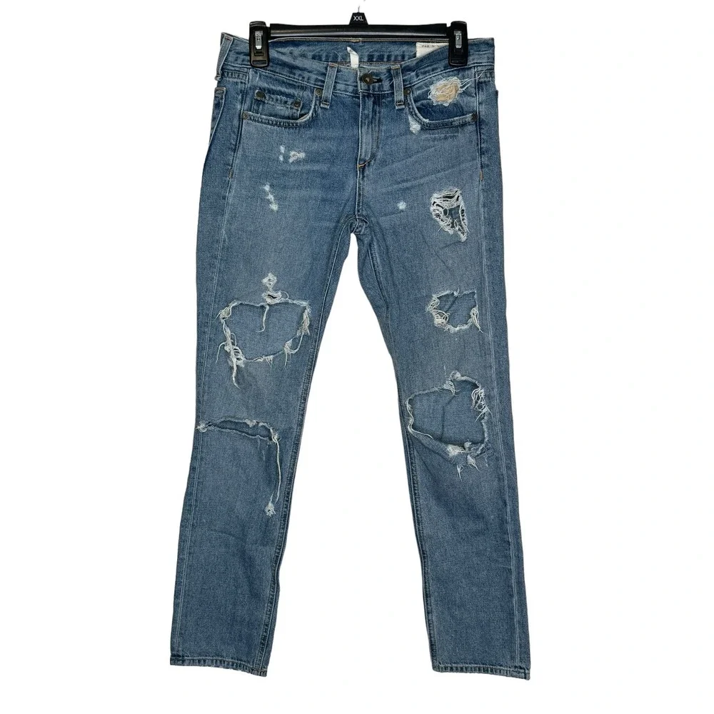 Rag & Bone Women Jeans Distressed Ripped Boyfriend In Beckers Mid-Rise Cotton 25